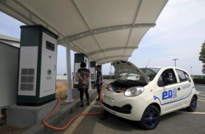 A Chery electric car is being charged at a charging station in Dalian, Liaoning province, China, September 1, 2015.REUTERS/Stringer